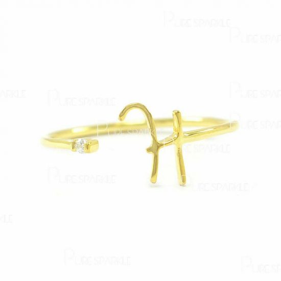 14K Gold Diamond Initial A - Z Alphabet Open Cuff Fine Personalized Ring