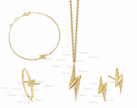 14K Gold Diamond Lightning Bolt Earring Necklace Ring Bracelet Jewelry Set