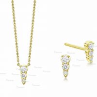 14K Gold Three Diamond 6 mm Minimalist Earring Necklace Jewelry Set