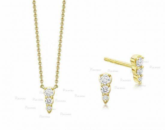 14K Gold Three Diamond 6 mm Minimalist Earring Necklace Jewelry Set