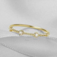 14K Gold VS Clarity 0.10 Ct. Diamond Beaded Minimalist Ring Fine Jewelry