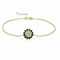 14K Gold White And Black Diamond Floral Charm Bracelet Halloween Gift