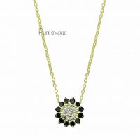 14K Gold White And Black Diamond Floral Charm Necklace Halloween Gift