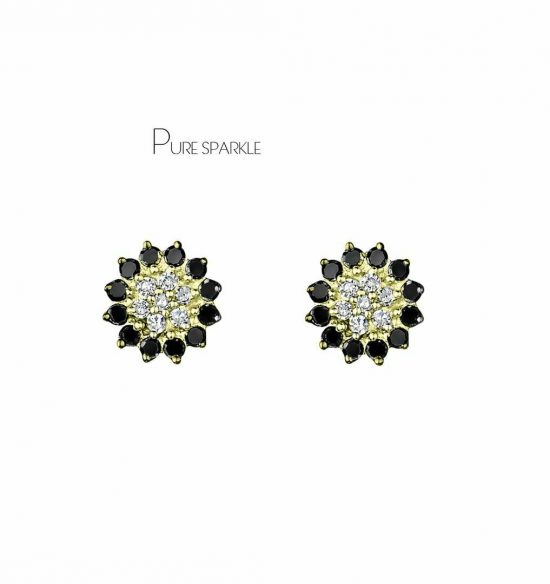 14K Gold White And Black Diamond Floral Studs Earrings Halloween Gift