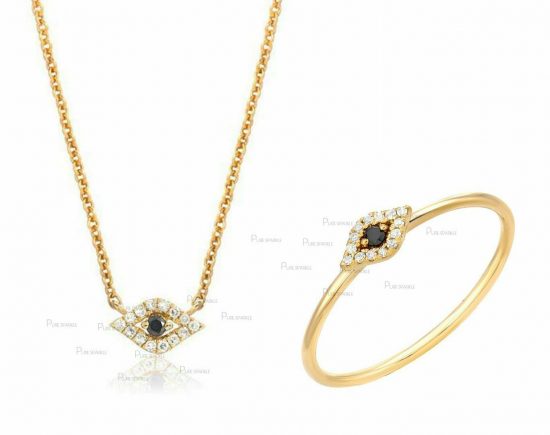 14K Gold White- Black Diamond Evil Eye Ring Necklace Fine Jewelry Set