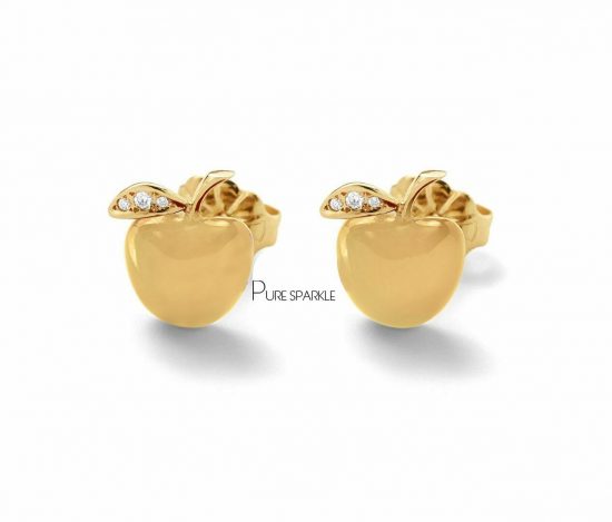 14K Solid Gold 0.04 Ct. Diamond Apple Shape Studs Earrings Fine Jewelry
