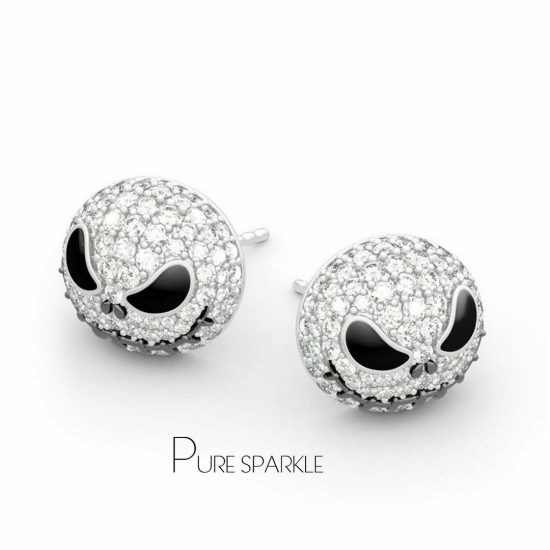 14K White Gold Diamond Pumpkin/Skull Studs Earrings Halloween Gift