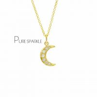 18K Gold 0.09 Ct. Diamond Crescent Moon Necklace Christmas Fine Jewelry