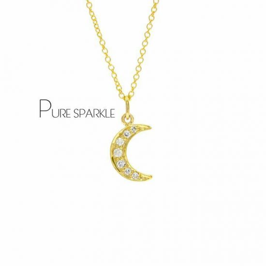 18K Gold 0.09 Ct. Diamond Crescent Moon Necklace Christmas Fine Jewelry