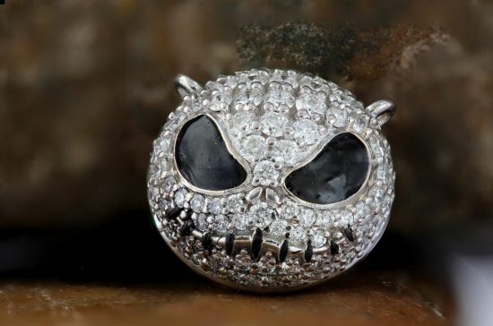14K White Gold Diamond Pumpkin/Skull Charm Necklace Halloween Gift