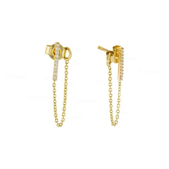 14K Gold 0.10 Ct. Diamond 35 mm Long Bar Chain Earrings Fine Jewelry