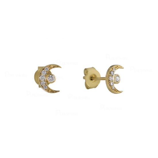 14K Gold 0.16 Ct. Diamond Crescent Moon Studs Earrings Celestial Jewelry
