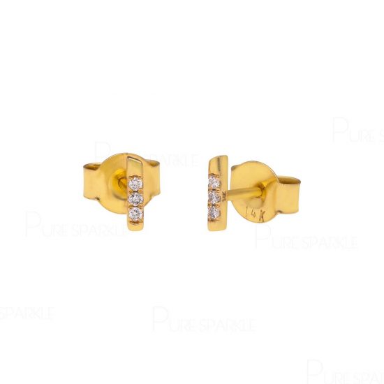 14K Gold 0.04 Ct. Diamond 6 mm Round Bar Studs Earrings Fine Jewelry