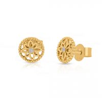 14K Gold 0.03 Ct. Diamond Round Floral Design Stud Earrings Fine Jewelry