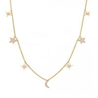 14K Gold 0.38Ct. Diamond Star Moon Starburst Charm Necklace Fine Jewelry