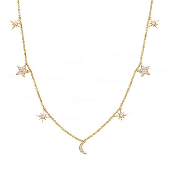 14K Gold 0.38Ct. Diamond Star Moon Starburst Charm Necklace Fine Jewelry