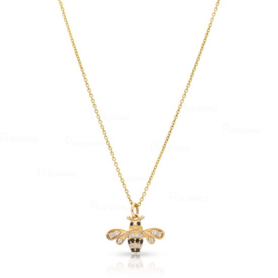 14K Gold 0.16 Ct. White-Black Diamond Bee Charm Necklace Fine Jewelry