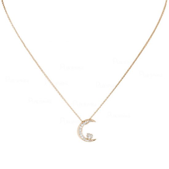 14K Gold 0.25Ct. Diamond Crescent Moon Heart Charm Necklace Fine Jewelry