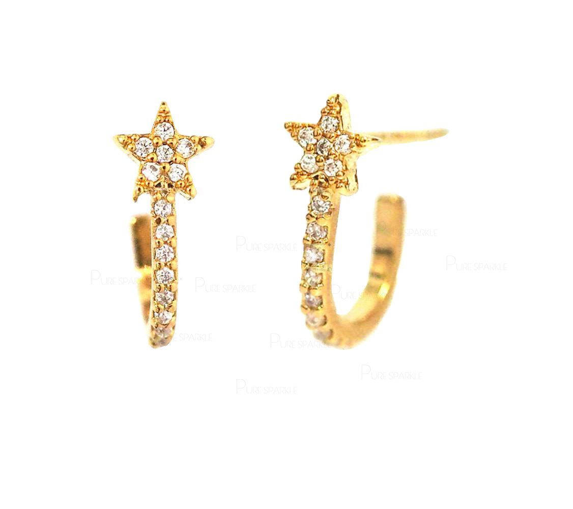14K Gold 0.23 Ct. Diamond Star Hoop Earrings Fine Celestial Jewelry