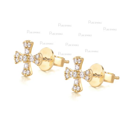 14K Gold 0.20 Ct. Diamond Cross Birthday Gift Studs Earring Fine Jewelry