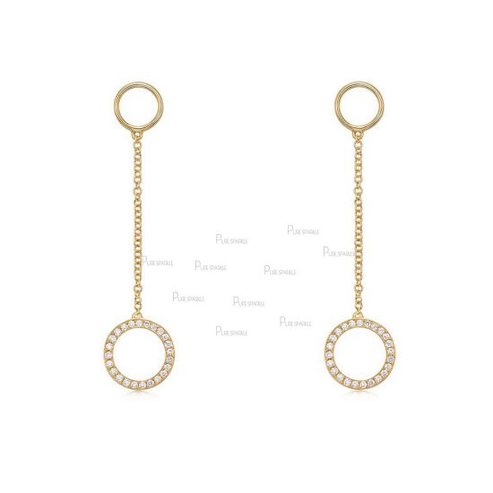 14K Gold 0.20 Ct. Diamond Double Circle Hoop Long Chain Fine Earrings