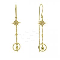 14K Gold 0.07 Ct. Diamond Starburst Drop Chain Hook Earring Fine Jewelry