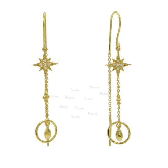 14K Gold 0.07 Ct. Diamond Starburst Drop Chain Hook Earring Fine Jewelry