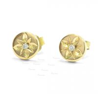 14K Gold 0.03 Ct. Diamond Circle Engraved Flower Earrings Fine Jewelry