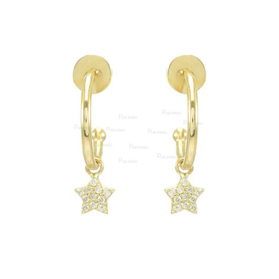 14K Gold 0.20 Ct. Diamond Star Design Dangle Hoop Earrings Fine Jewelry