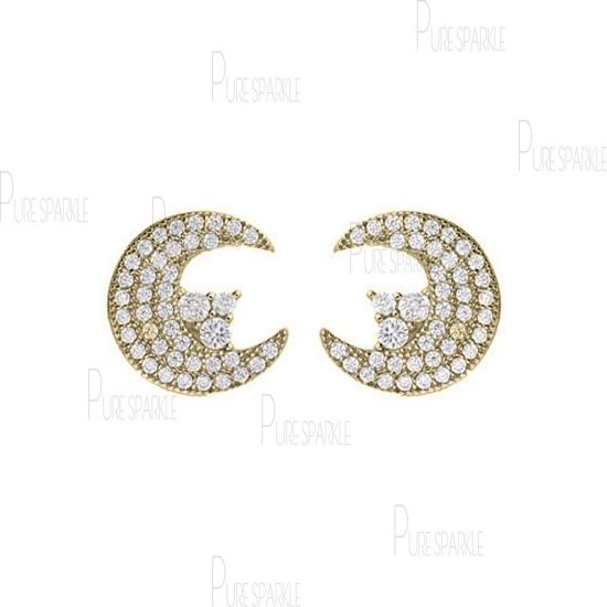 14K Gold 0.37 Ct. Pave Diamond Crescent Moon Studs Earrings Fine Jewelry