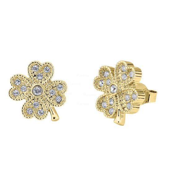 14K Gold 0.30 Ct. Diamond Four Clover Heart Floral Earrings Fine Jewelry