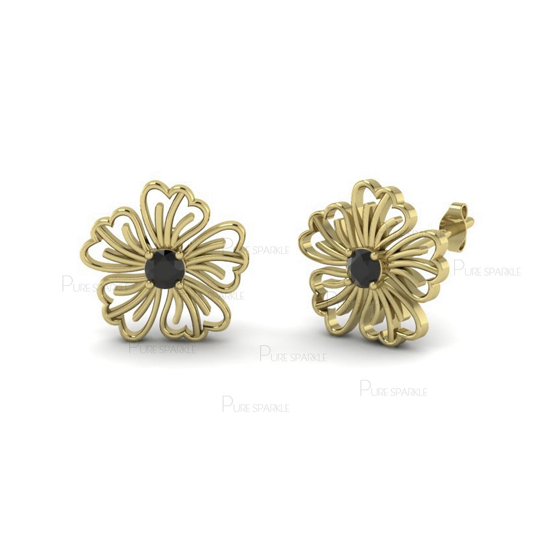 14K Gold 0.08 Ct. Black Diamond Flower Design Stud Earrings Fine Jewelry