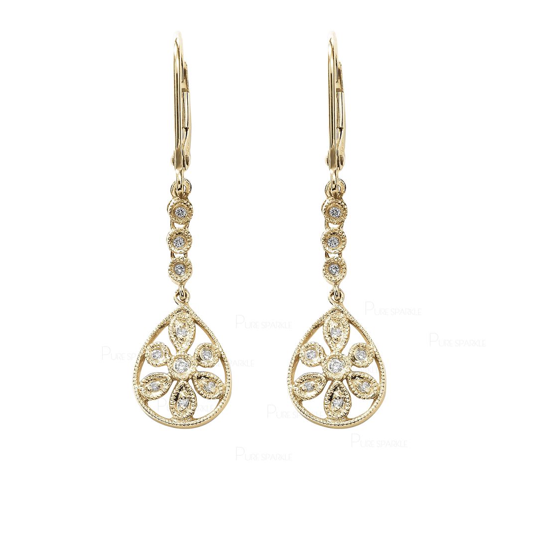 14K Gold 0.40 Ct. Diamond Milgrain Floral Drop Earrings Fine Jewelry