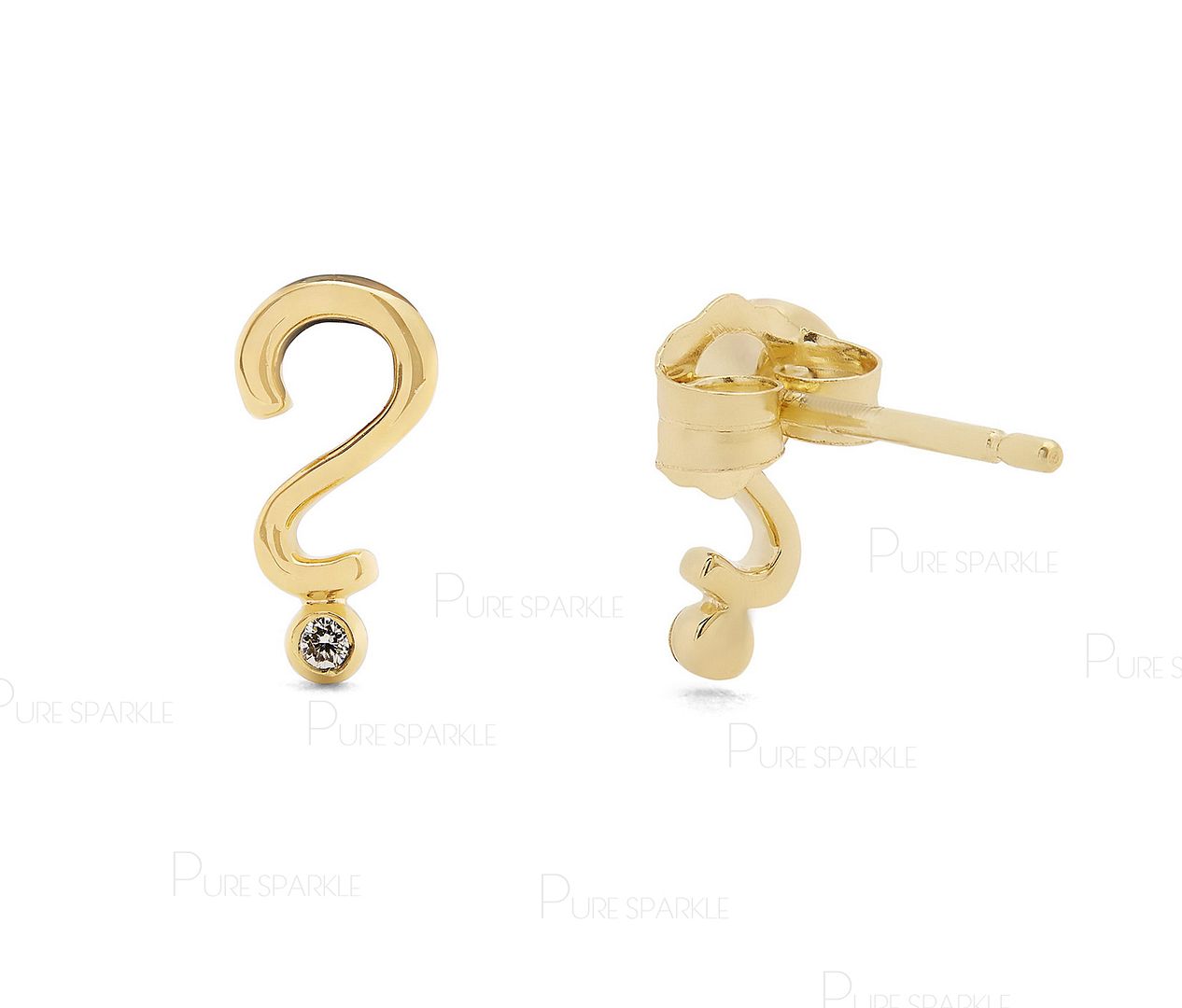 14K Gold 0.06 Ct. Diamond Question Mark Shape Stud Earrings Fine Jewelry