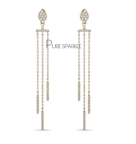 14K Gold 0.68 Ct. Diamond Bar Drop Chain Wedding Earrings Fine Jewelry