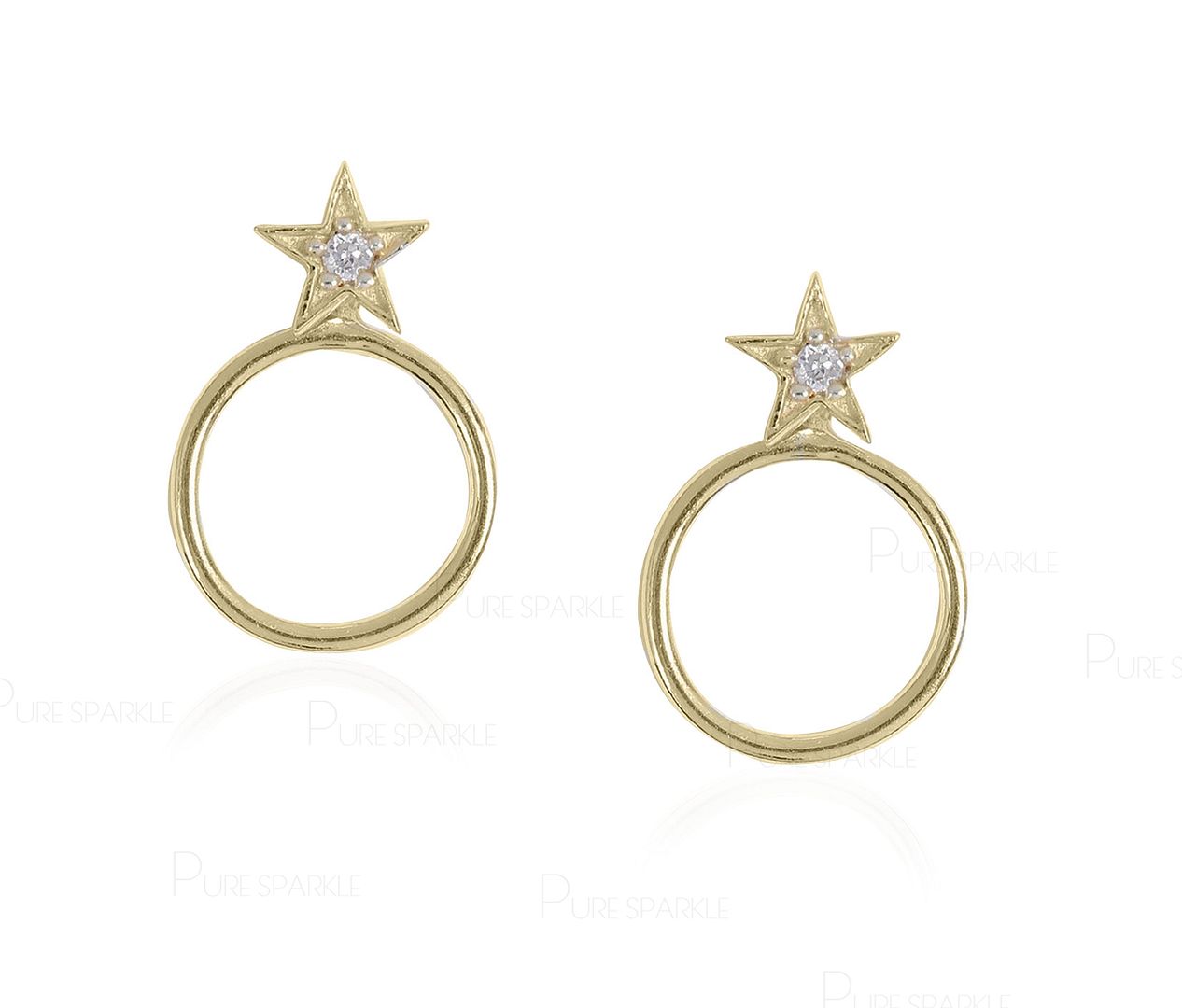 14K Gold 0.07 Ct. Diamond Star And Circle Design Earrings Fine Jewelry
