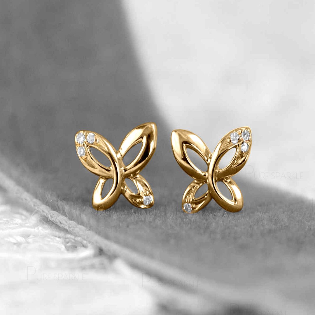 14K Gold 0.05 Ct. Diamond Minimal Butterfly Studs Earrings Fine Jewelry