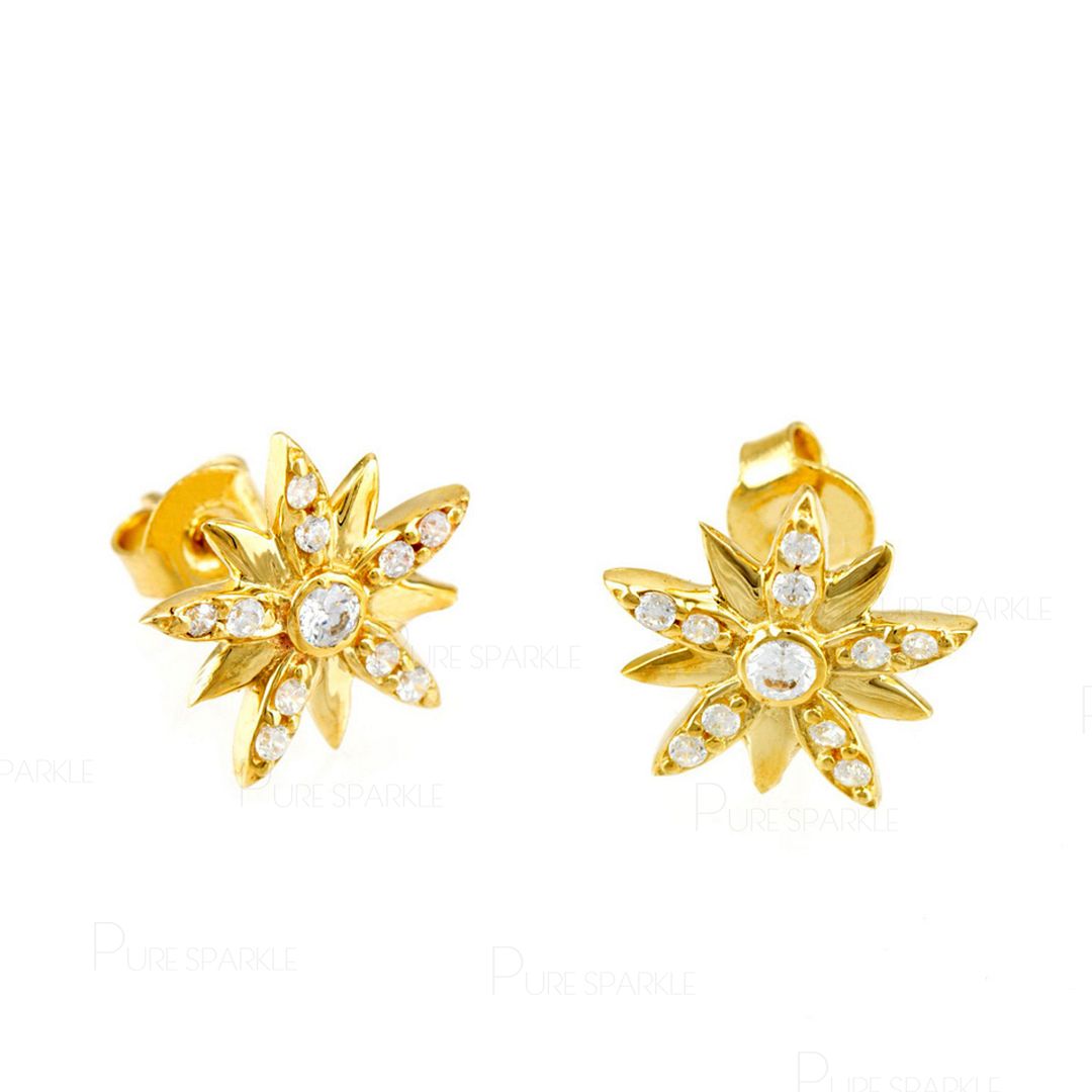 14K Gold 0.25 Ct. Diamond Star Studs Earrings New Year Gift For Her