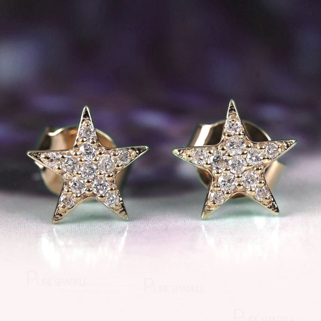 14K Gold 0.13 Ct. Diamond Star Studs Earrings Gift For Her Fine Jewelry