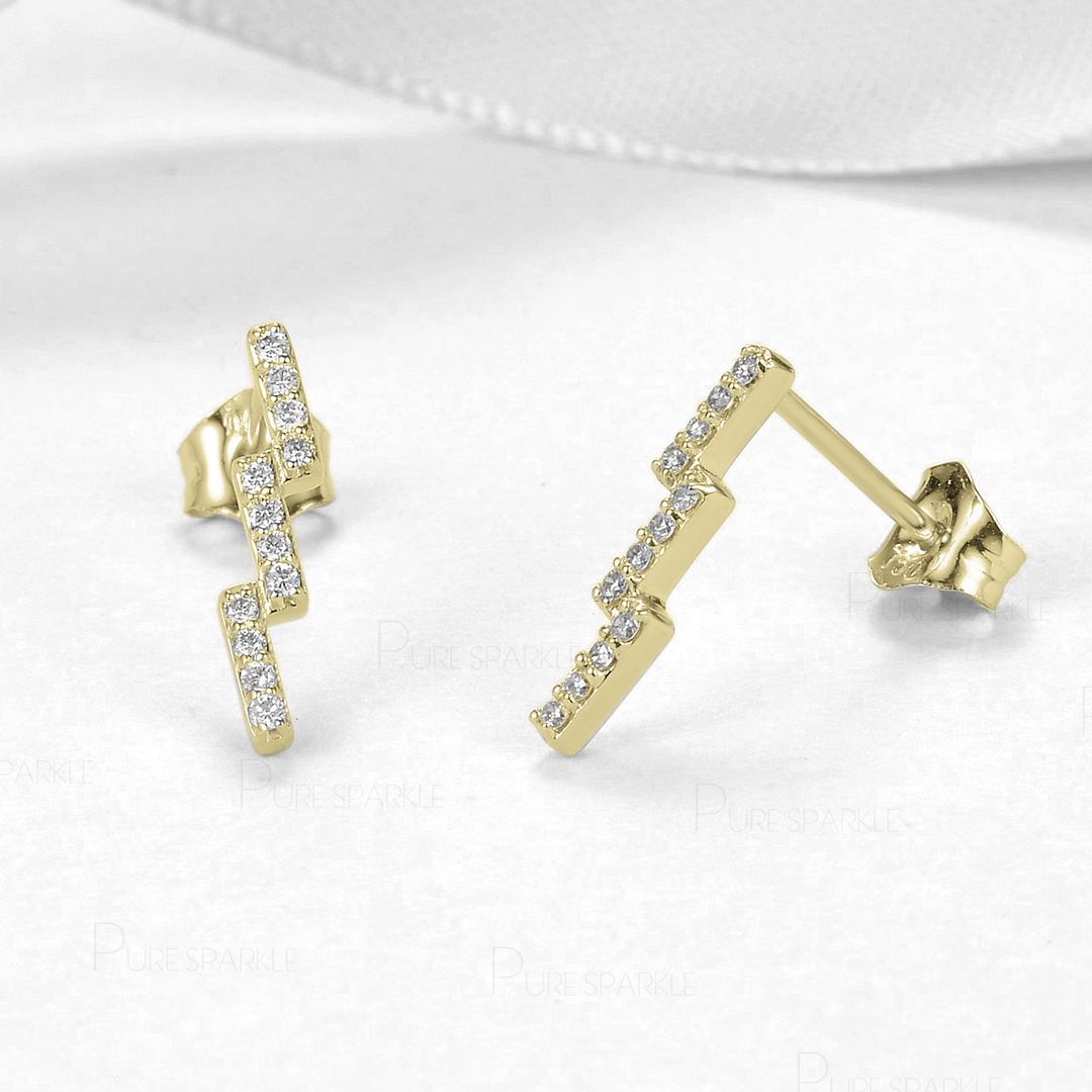 14K Gold 0.12 Ct. Diamond Lightning Studs Earrings Jewelry Gift For Her