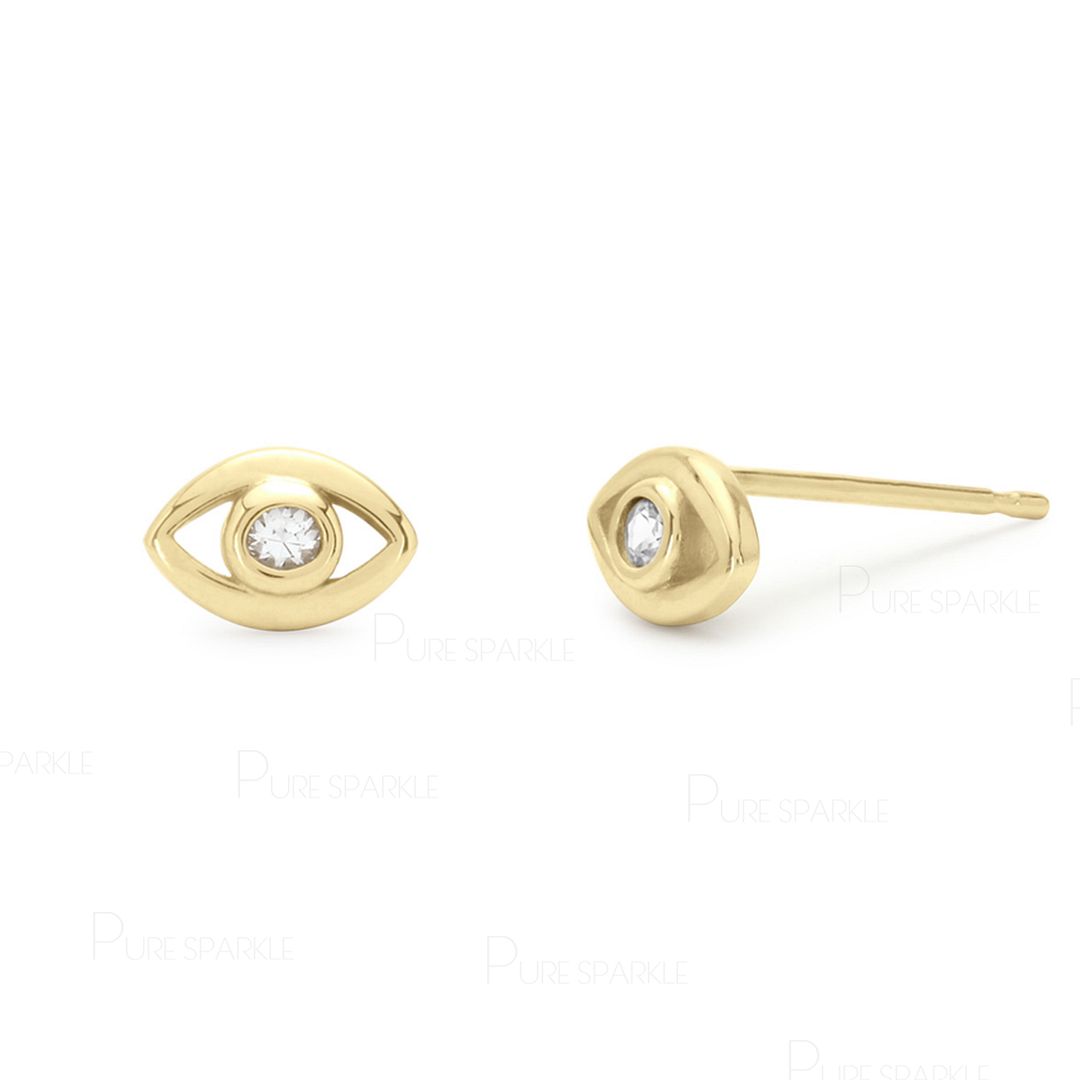 14K Gold 0.07 Ct. Diamond Mini Evil Eye Studs Earrings Fine Jewelry