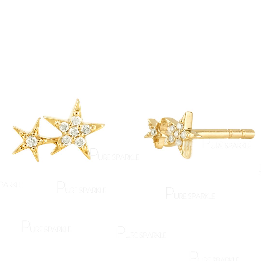 14K Gold 0.15 Ct. Diamond Two Star Design Stud Earring Celestial Jewelry