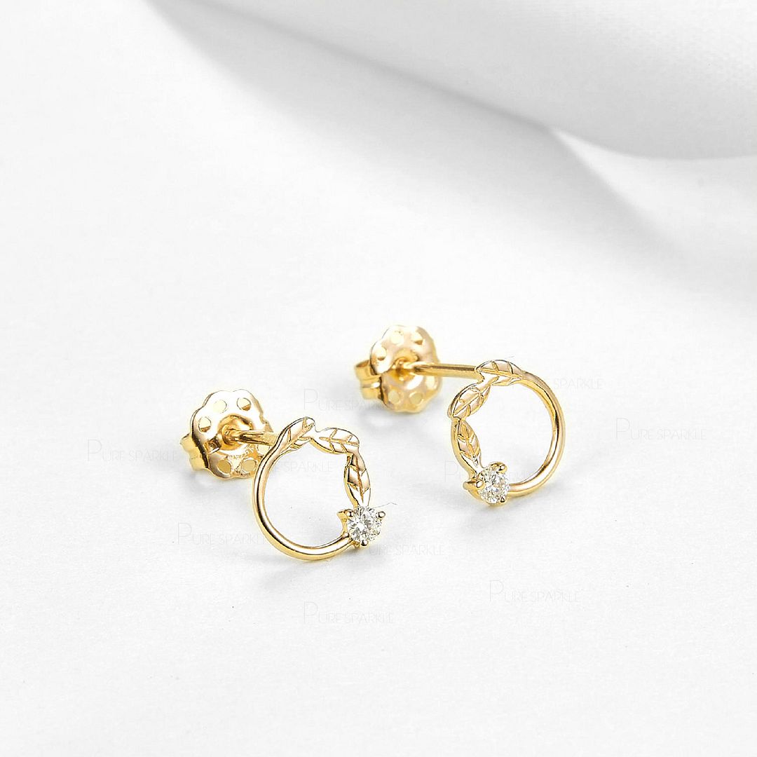 14K Gold 0.06 Ct. Diamond Leaf Design Circular Studs Earrings Jewelry