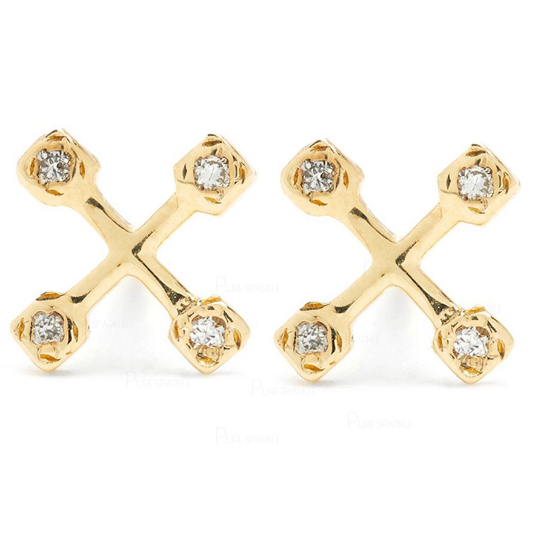 14K Gold 0.16 Ct. Diamond X Shape Studs Earrings Handmade Fine Jewelry