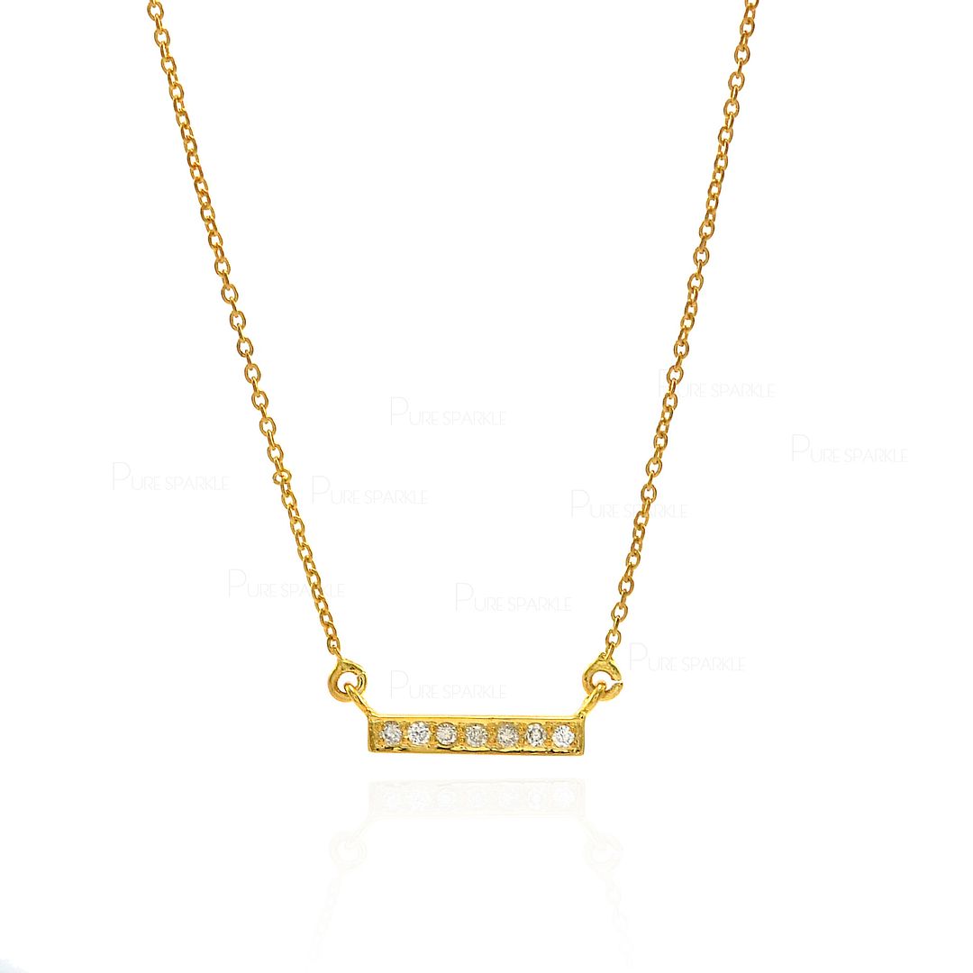 14K Gold 0.11 Ct. Diamond Bar Pendant Necklace Handmade Fine Jewelry