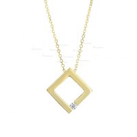14K Gold 0.03 Ct. Diamond Open Square Pendant Necklace Fine Jewelry