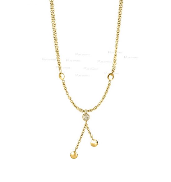 14K Gold 0.10 Ct. Diamonds Puff Circle Element Double Strand Necklace