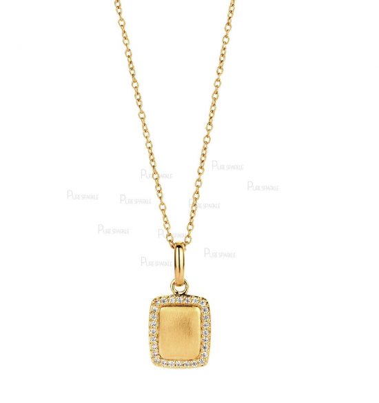 14K Gold 0.18Ct. Diamond Rectangular Charm Pendant Necklace Fine Jewelry