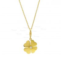 14K Gold 0.04 Ct. Diamond Floral Charm Pendant Necklace Fine Jewelry