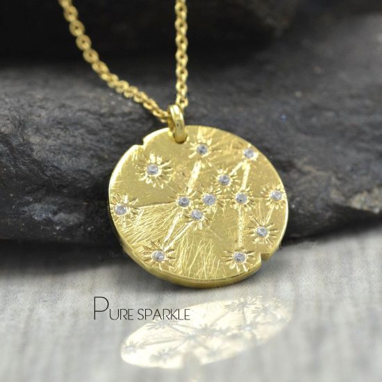 14K Gold 0.08Ct. Diamond Engraved Sun Disc Charm Pendant Necklace Fine Jewelry